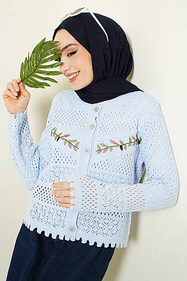 Yaprak Nakışlı Ajurlu Kısa Triko Hırka Bebe Mavi - Hırka