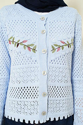 Yaprak Nakışlı Ajurlu Kısa Triko Hırka Bebe Mavi - Hırka