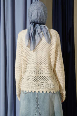 Yaprak Nakışlı Ajurlu Kısa Triko Hırka Bej - Hırka