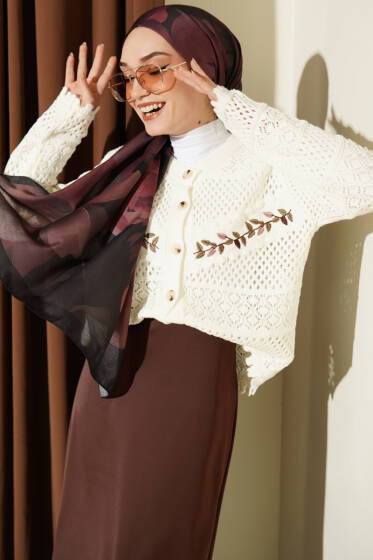 Yaprak Nakışlı Ajurlu Kısa Triko Hırka Ekru - Hırka