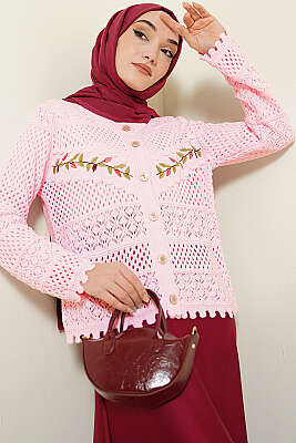 Yaprak Nakışlı Ajurlu Kısa Triko Hırka Pembe - VANİZA TRİKO