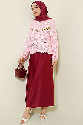 Yaprak Nakışlı Ajurlu Kısa Triko Hırka Pembe - Hırka