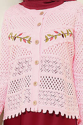 Yaprak Nakışlı Ajurlu Kısa Triko Hırka Pembe - Hırka