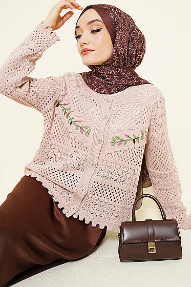 Yaprak Nakışlı Ajurlu Kısa Triko Hırka Pudra - Hırka