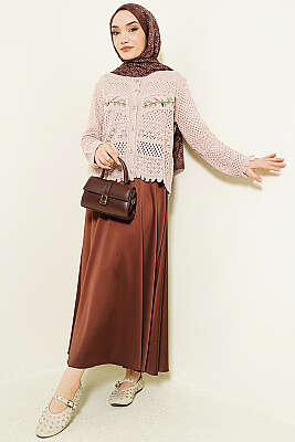 Yaprak Nakışlı Ajurlu Kısa Triko Hırka Pudra - Hırka