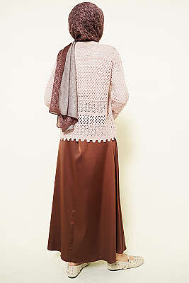 Yaprak Nakışlı Ajurlu Kısa Triko Hırka Pudra - Hırka