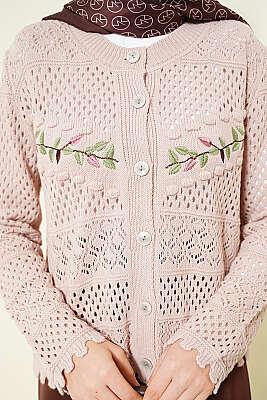 Yaprak Nakışlı Ajurlu Kısa Triko Hırka Pudra - Hırka