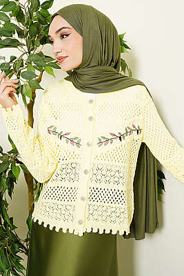 Yaprak Nakışlı Ajurlu Kısa Triko Hırka Sarı - VANİZA TRİKO