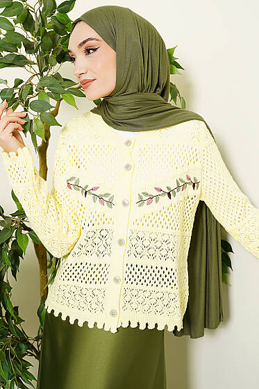 Yaprak Nakışlı Ajurlu Kısa Triko Hırka Sarı - Hırka