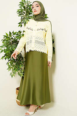 Yaprak Nakışlı Ajurlu Kısa Triko Hırka Sarı - Hırka