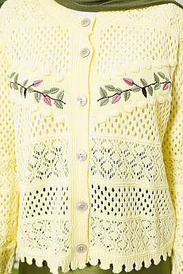 Yaprak Nakışlı Ajurlu Kısa Triko Hırka Sarı - Hırka