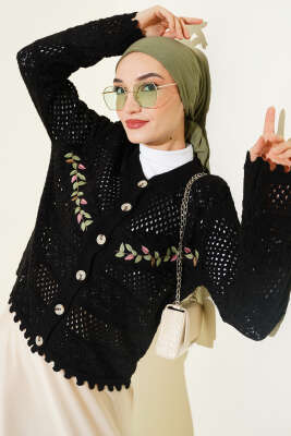 Yaprak Nakışlı Ajurlu Kısa Triko Hırka Siyah - VANİZA TRİKO