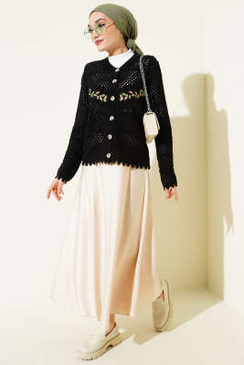 Yaprak Nakışlı Ajurlu Kısa Triko Hırka Siyah - Yılın Fırsatı