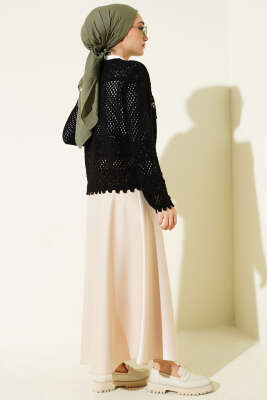 Yaprak Nakışlı Ajurlu Kısa Triko Hırka Siyah - Yılın Fırsatı