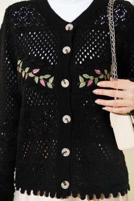 Yaprak Nakışlı Ajurlu Kısa Triko Hırka Siyah - Yılın Fırsatı