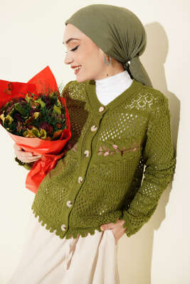 Yaprak Nakışlı Ajurlu Kısa Triko Hırka Yeşil - VANİZA TRİKO