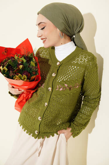 Yaprak Nakışlı Ajurlu Kısa Triko Hırka Yeşil - Hırka