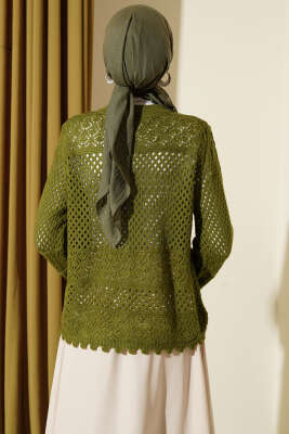 Yaprak Nakışlı Ajurlu Kısa Triko Hırka Yeşil - Yılın Fırsatı