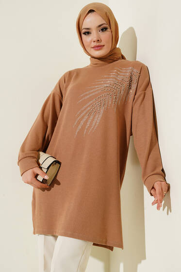 Yaprak Parlak Taşlı Tunik Camel - Tunik