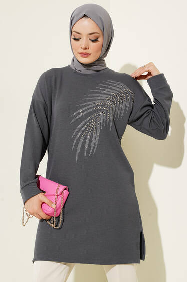 Yaprak Parlak Taşlı Tunik Füme - Tunik