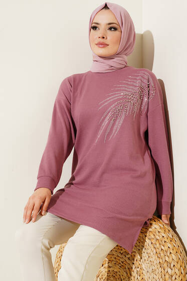 Yaprak Parlak Taşlı Tunik Gül Kurusu - Tunik