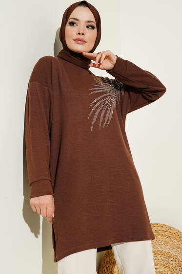 Yaprak Parlak Taşlı Tunik Kahve - Tunik
