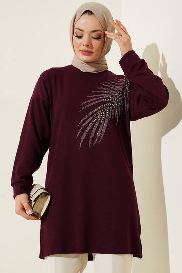 Yaprak Parlak Taşlı Tunik Mürdüm - Tunik