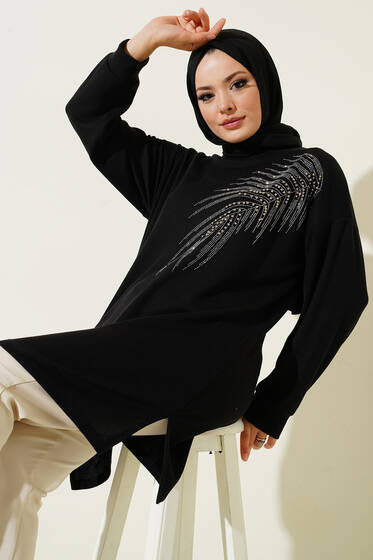 Yaprak Parlak Taşlı Tunik Siyah - Tunik