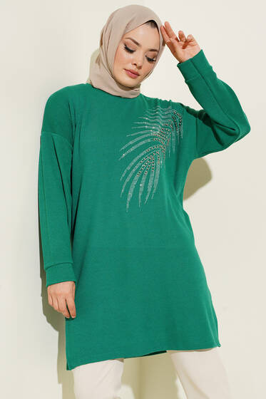 Yaprak Parlak Taşlı Tunik Yeşil - Tunik