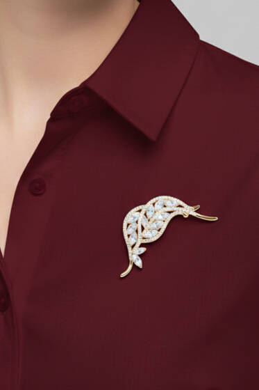 Yaprak Taşlı Broş Gold - Broş