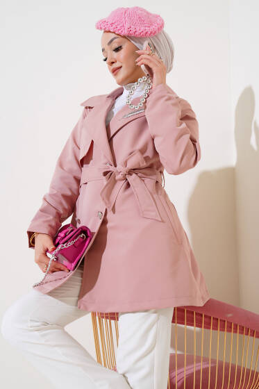 Yaprak Taşlı Pelerinli Trençkot Pudra - Trençkot