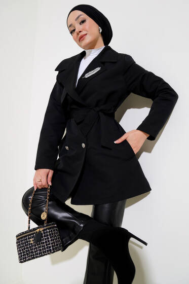 Yaprak Taşlı Pelerinli Trençkot Siyah - Trençkot