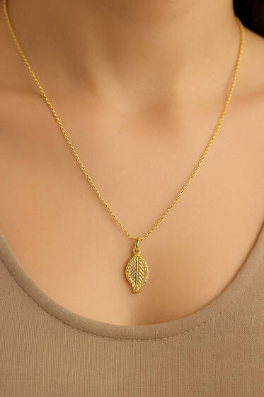 Yaprak Taşlı Zincir Kolye Gold - Kolye