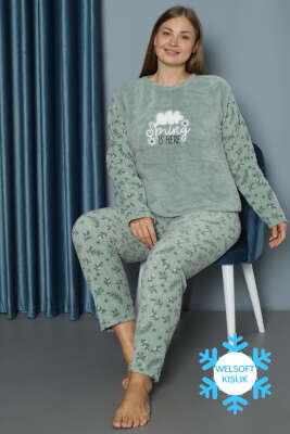 Yapraklı Welsoft Büyük Beden Pijama Takım Çağla Yeşili - Pijama