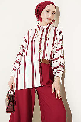 Yarasa Kol Asimetrik Çizgili Saten Gömlek Bordo - HELLIE