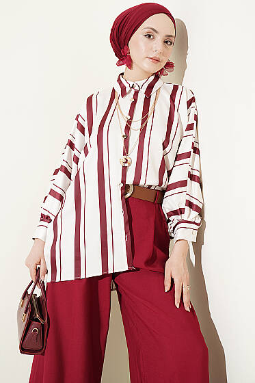 Yarasa Kol Asimetrik Çizgili Saten Gömlek Bordo - Gömlek
