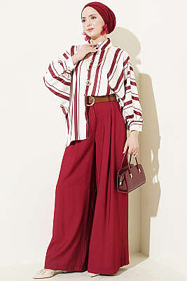 Yarasa Kol Asimetrik Çizgili Saten Gömlek Bordo - Gömlek