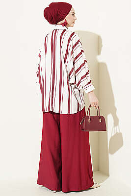 Yarasa Kol Asimetrik Çizgili Saten Gömlek Bordo - Gömlek