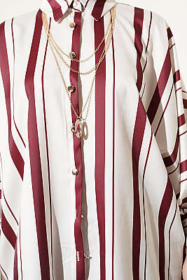 Yarasa Kol Asimetrik Çizgili Saten Gömlek Bordo - Gömlek