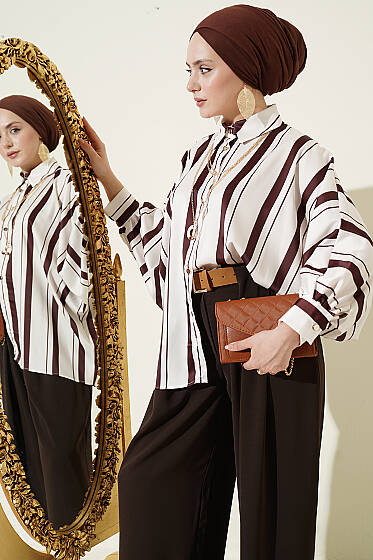 Yarasa Kol Asimetrik Çizgili Saten Gömlek Kahve - Gömlek