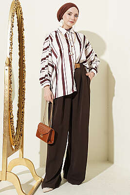 Yarasa Kol Asimetrik Çizgili Saten Gömlek Kahve - Gömlek