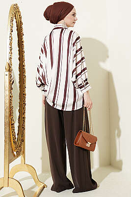 Yarasa Kol Asimetrik Çizgili Saten Gömlek Kahve - Gömlek