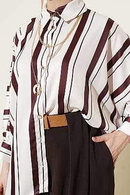 Yarasa Kol Asimetrik Çizgili Saten Gömlek Kahve - Gömlek