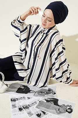 Yarasa Kol Asimetrik Çizgili Saten Gömlek Lacivert - HELLIE