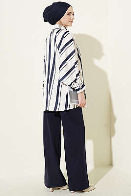 Yarasa Kol Asimetrik Çizgili Saten Gömlek Lacivert - Gömlek