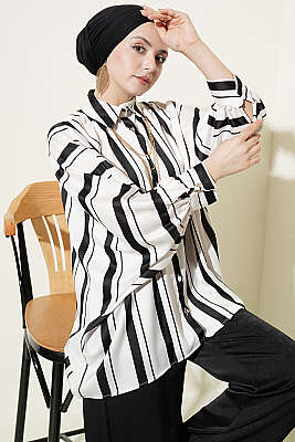 Yarasa Kol Asimetrik Çizgili Saten Gömlek Siyah - HELLIE