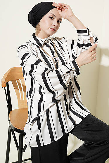 Yarasa Kol Asimetrik Çizgili Saten Gömlek Siyah - Gömlek