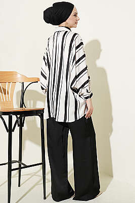 Yarasa Kol Asimetrik Çizgili Saten Gömlek Siyah - Gömlek