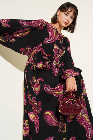 Yarasa Kol Bağcıklı Desenli Elbise Bordo - Tesettür Elbise