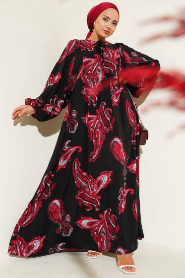 Yarasa Kol Bağcıklı Desenli Elbise Mürdüm - Tesettür Elbise